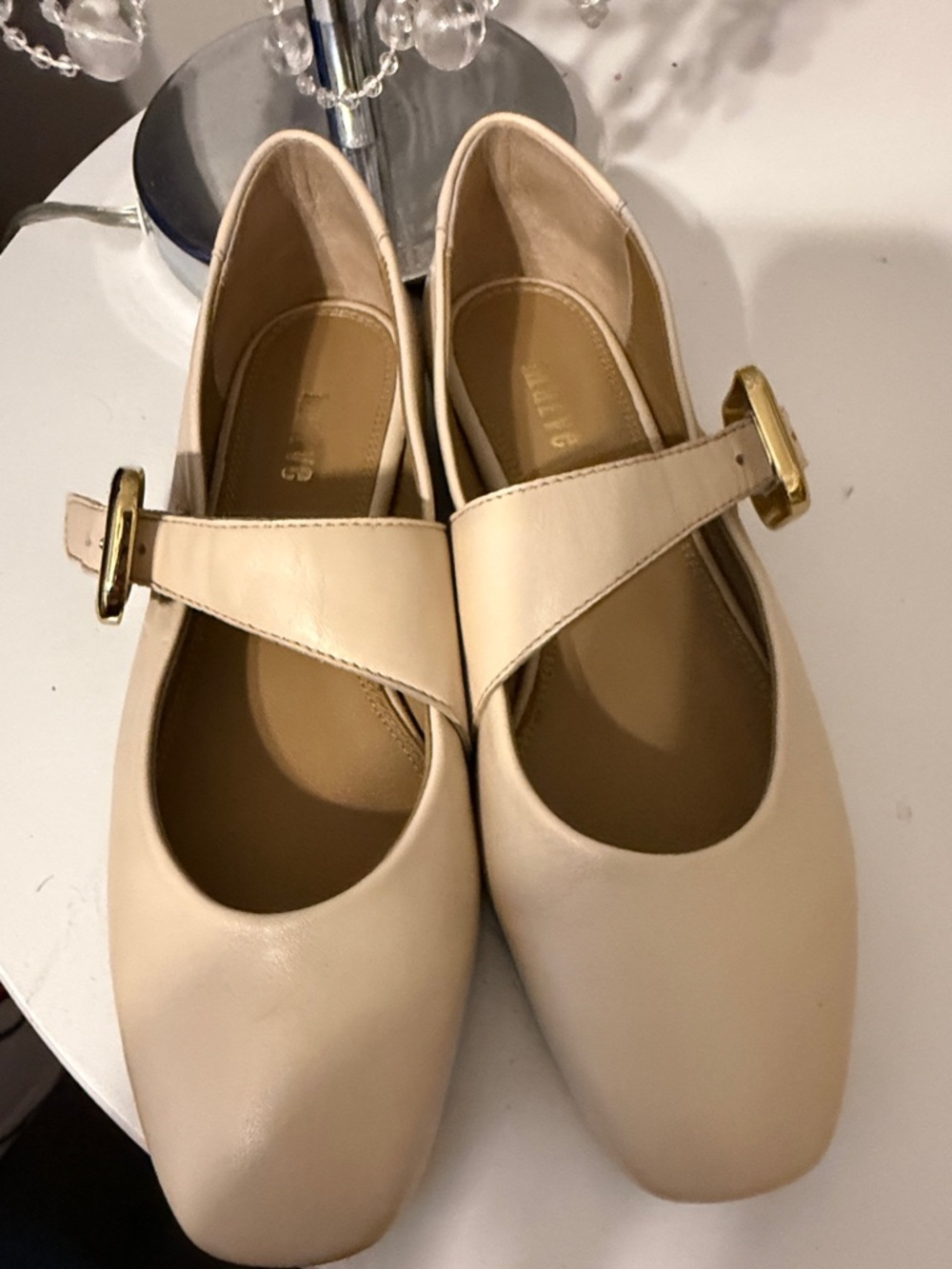 Maeve Creamy Beige Mary Jane Flats with Gold Buckles